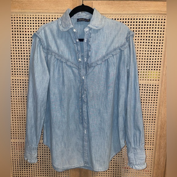 POLO RALPH LAUREN Ruffle-Trim Denim Cotton Shirt Size M - Picture 7 of 11
